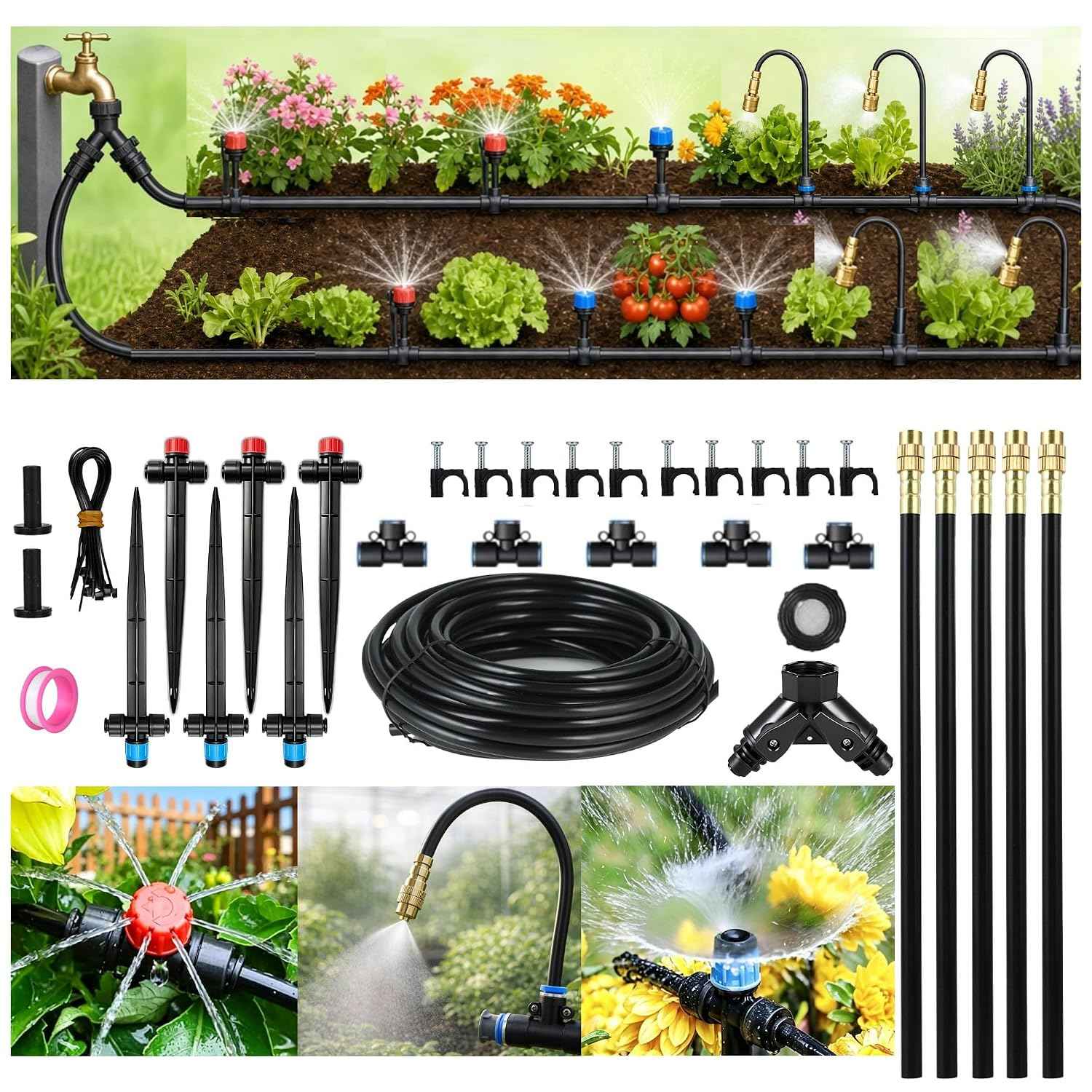 50FT Drip Irrigation System for Starter: Small Garden Quick Connect 1/4" PE Water Tubing Automatic 11Pcs Sprinkler Kit Adjustable Misting Part Watering Hose Outdoor Raised Bed Plants Flower Greenhouse