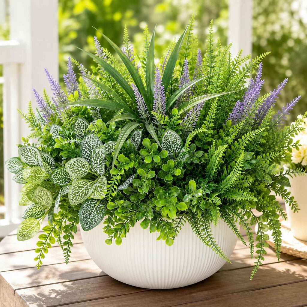 Outdoor Faux Plants UV Resistant - 12 Bouquets Realistic Artificial Eucalyptus Persian Leaf Lavender Greenery for Patio Garden Front Porch Decor Weatherproof Fake Plants for Outside