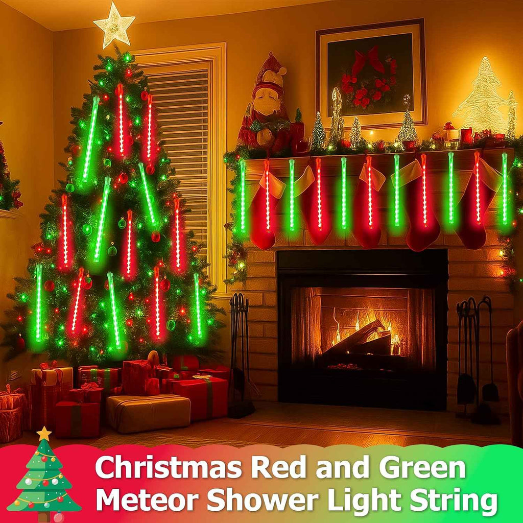 2 Pack Christmas Lights Outdoor 16 Tubes 384 LEDs Meteor Shower Rain Lights | Extendable, Timer, Waterproof Christmas String Lights, Icicle lights Outdoor for Xmas Tree Garden Yard Decor, Red and Green