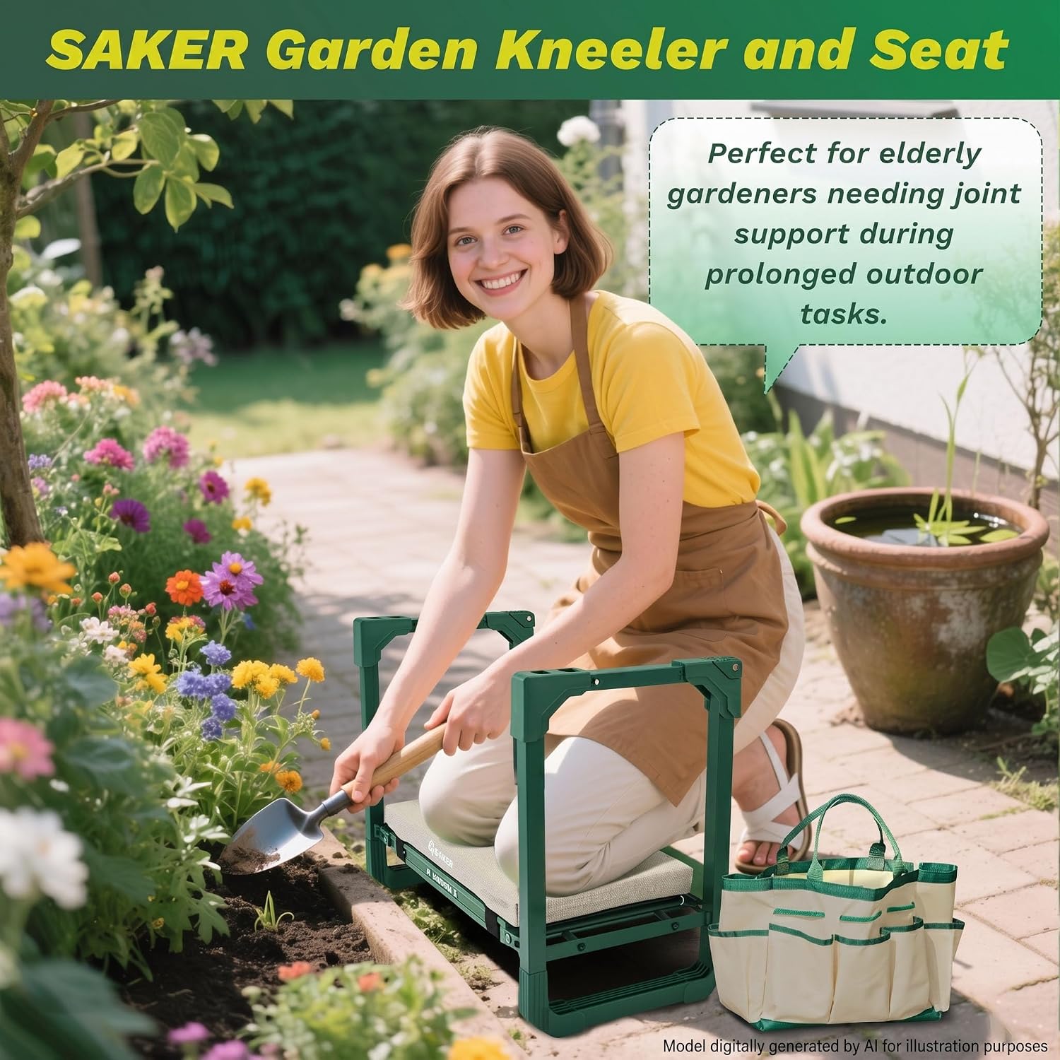 Saker Garden Kneeler and Seat Foldable Gardening Stool with Extendable Legs | Thickened Pad Tool/Storage Bag , Heavy Duty 400lbs Support for Elderly, Gardening, Outdoor Use