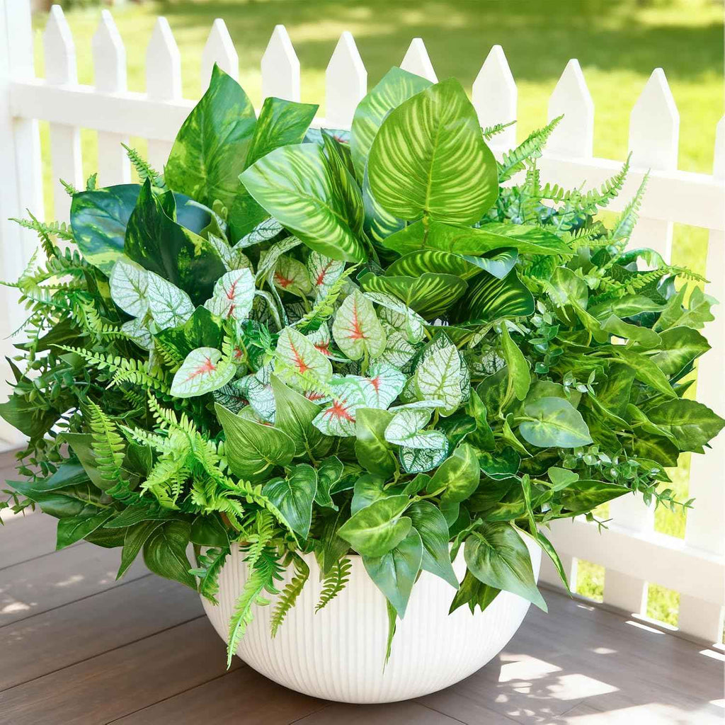 12 Bundles Artificial Plants Outdoor, UV Resistant Greenery | Large faux greenery stems for outside planters, porch, window box and patio garden decor. Maintenance free, pot not included