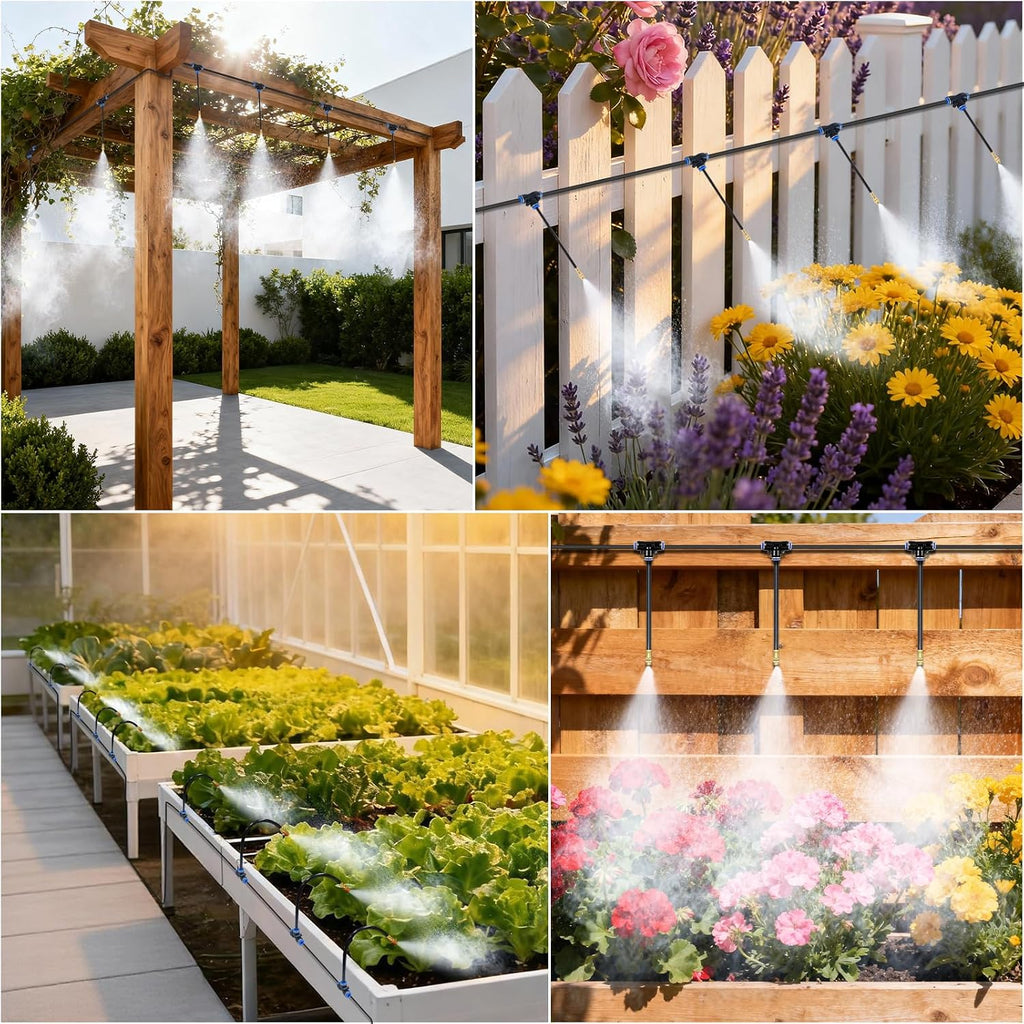 Thiswing 50FT 360° Adjustable Irrigation System for Garden | 1/4" Tubing, Automatic Watering Misting System with 15 Nozzles, Sprinkler for Garden, Yard, Lawn and Outdoor Plants
