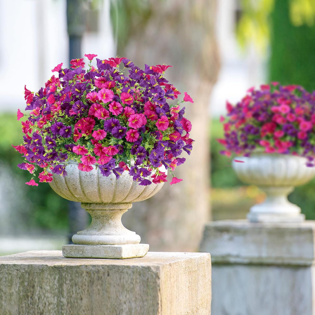 Artificial Flowers for Outdoors 12 Bundles Realistic Faux Plants UV Resistant Fake Silk Morning Glory with Eucalyptus for Front Door Planter Patio Porch Spring Summer Decoration (2 Mixed Color)