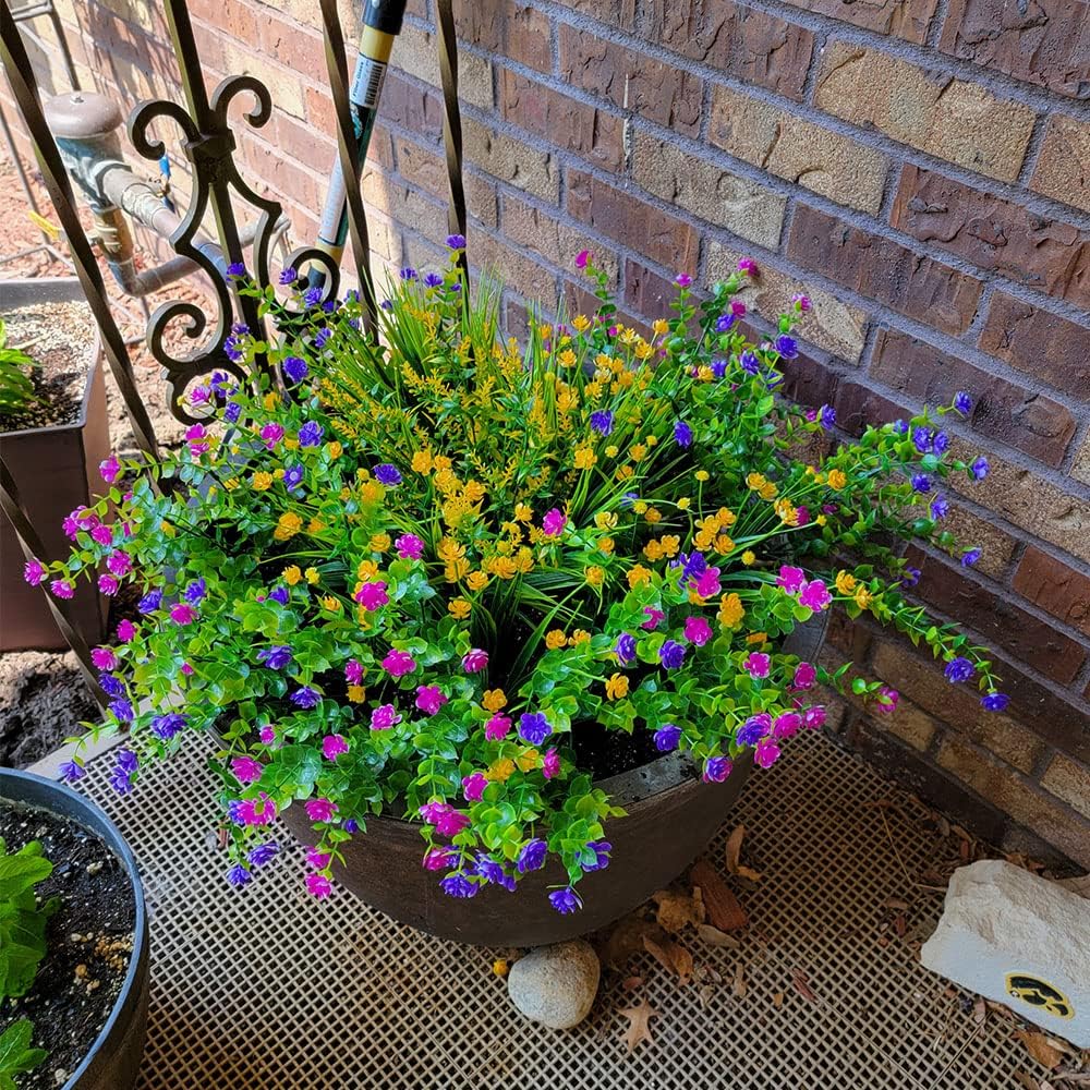 12 Bundles Outdoor Artificial Fake Flowers UV Resistant No Fade Boxwood Faux Plastic Shrubs Plants for Garden Patio Porch Window Box Home Wedding Farmhouse Hanging Décor
