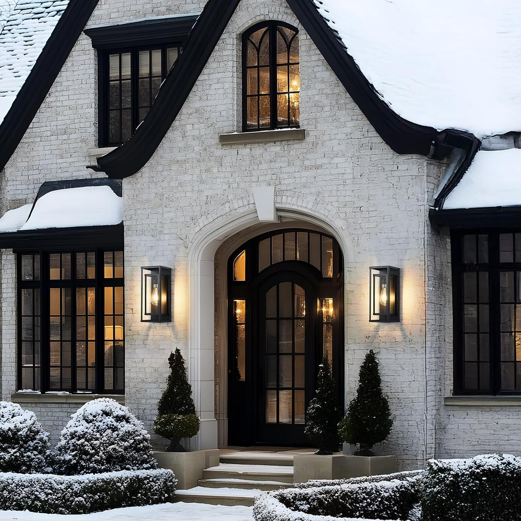 14" Black Outdoor Light Fixture, E26 Outdoor Wall Lantern 2-Pack | Exterior Lighting Fixtures, Waterproof Modern Front Porch Lights, Clear Glass Coach Lights, For Garage, Porch, Front Door