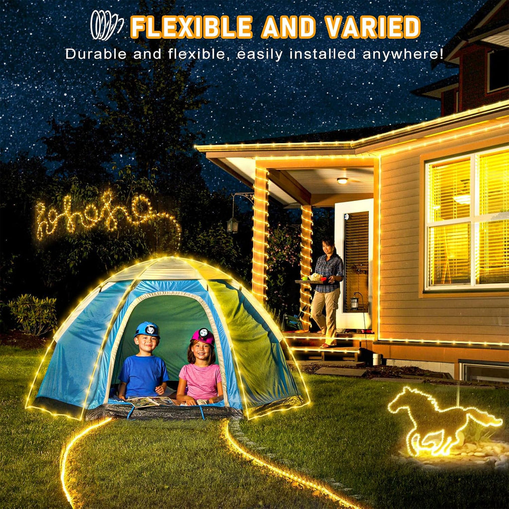 66FT 200 LED Rope Lights for Outside, Warm White Rope Lights Indoor | Connectable Flexible Plug in Outdoor String Lights for House Bedroom Patio Pool Landscape Camping Party Decorations