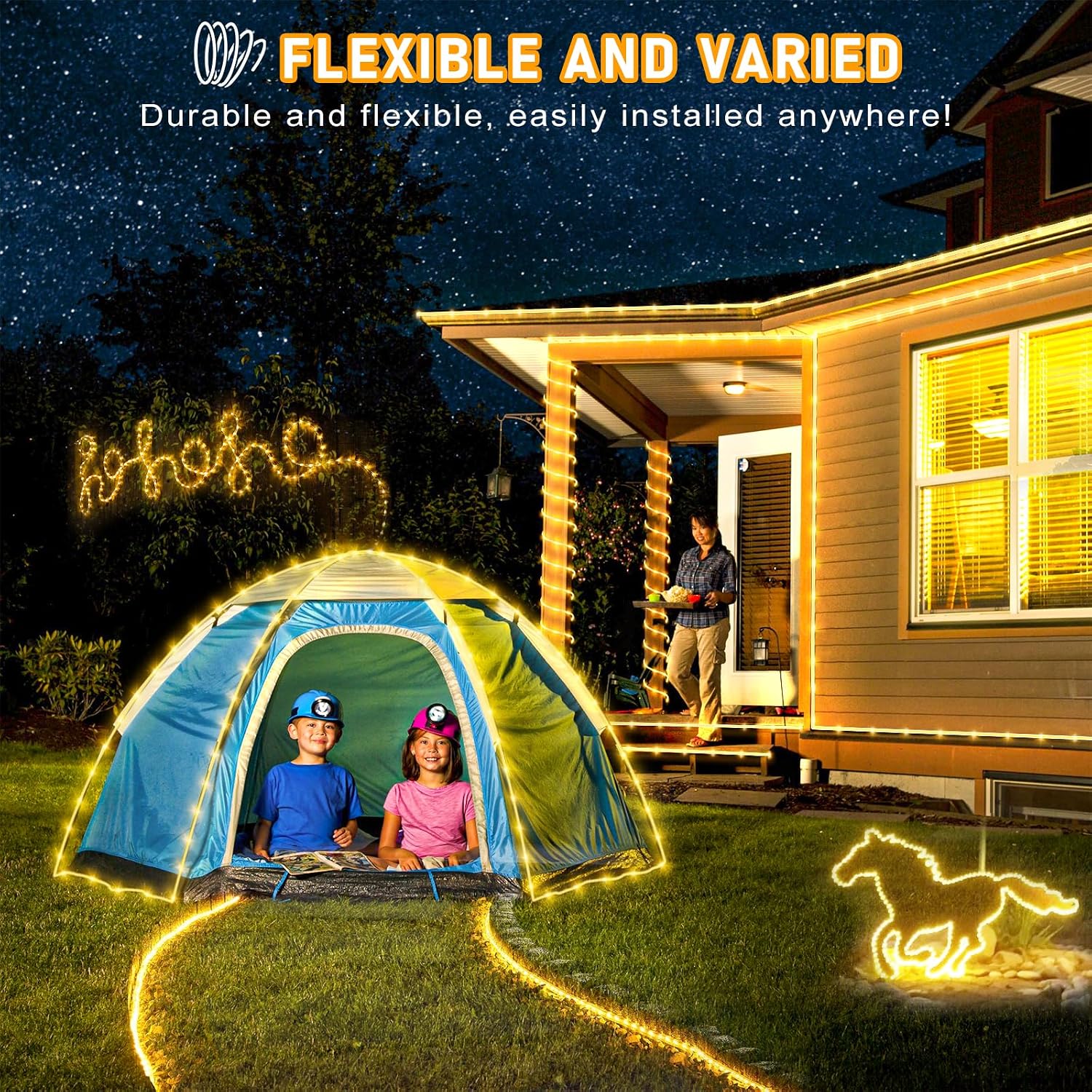66FT 200 LED Rope Lights for Outside, Warm White Rope Lights Indoor | Connectable Flexible Plug in Outdoor String Lights for House Bedroom Patio Pool Landscape Camping Party Decorations