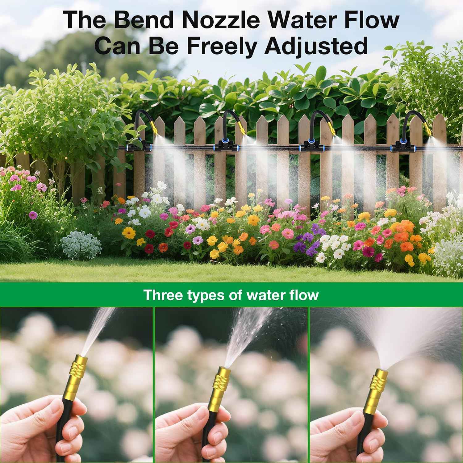 MIXC 360° Adjustable Drip Irrigation Nozzles for 1/4" Irrigation Tubing | 20 Bendable 7.8-Inch Nozzles, 20 Quick-Connect Tees, 1/4-Inch Size, Adjustable Mist-to-Stream Flow, Tubing Not Included