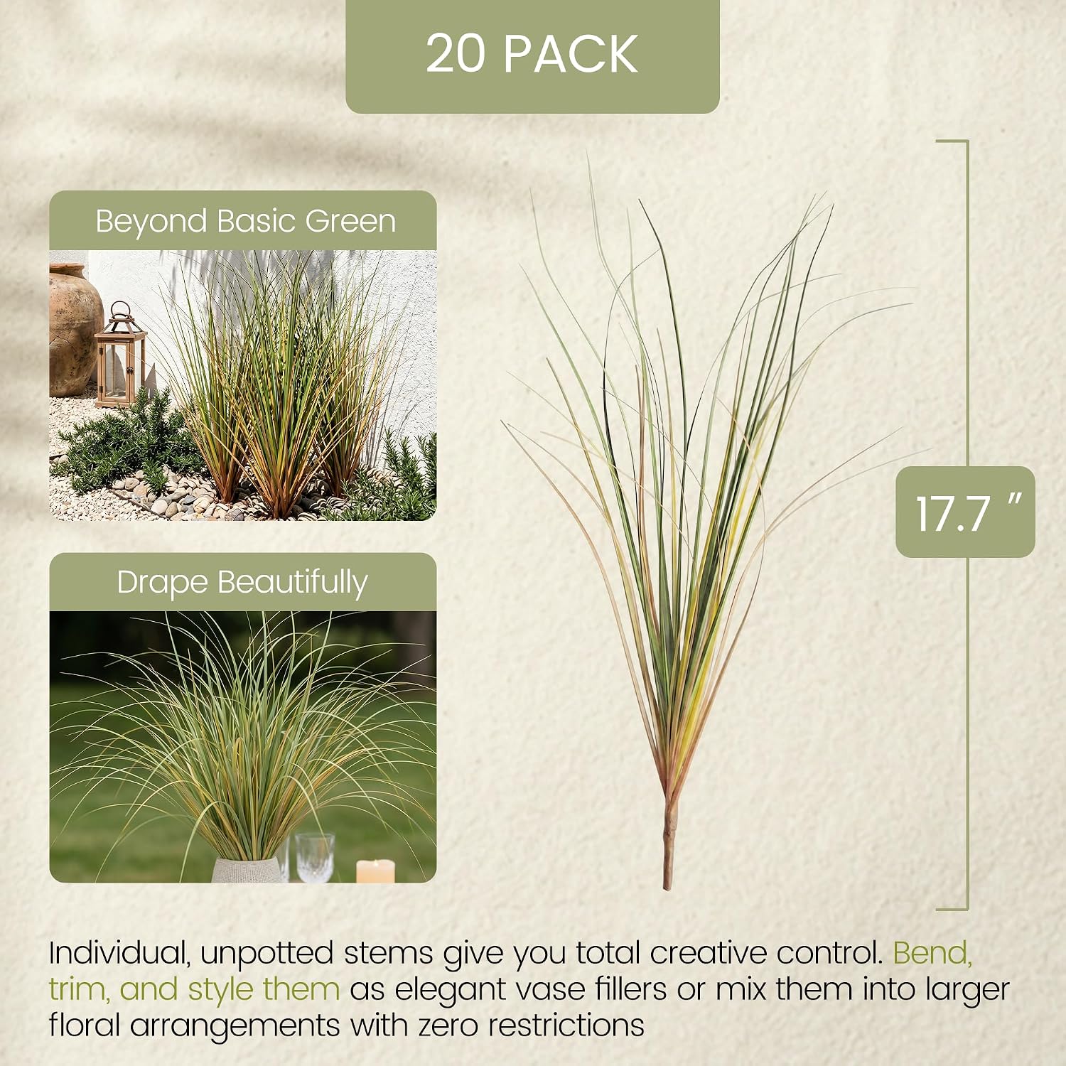 20PCS Artificial Onion Grass Stems 17.7in Faux Greenery Floral Arrangements | Vase Filler, Home Decoration, Wedding Decoration, Bouquet Making, Entryway Décor, Indoor Outdoor