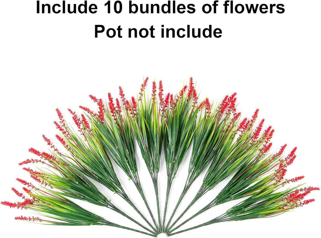 HyeFlora Artificial Fake Flowers Outdoor Plants for Summer Decoration,10 Bundles Faux Plastic Tall Monkey Grass Greenery UV Resistant Realistic Lavender for Home Planter Window Porch Garden-Red