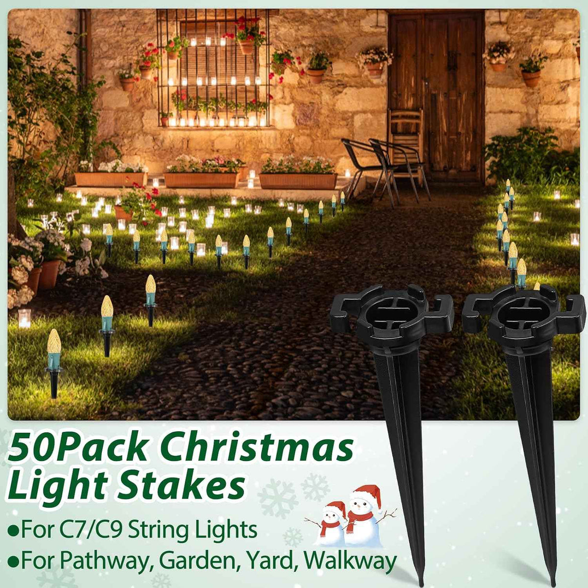 Plastic Light Stakes 50Pack, 4.5 Inch Christmas Yard Stakes for C7 C9 Christmas Lights Outdoor, Universal Christmas Light Stakes for Outdoor Holiday Lights on Pathway, Lawn, Driveway, Garden