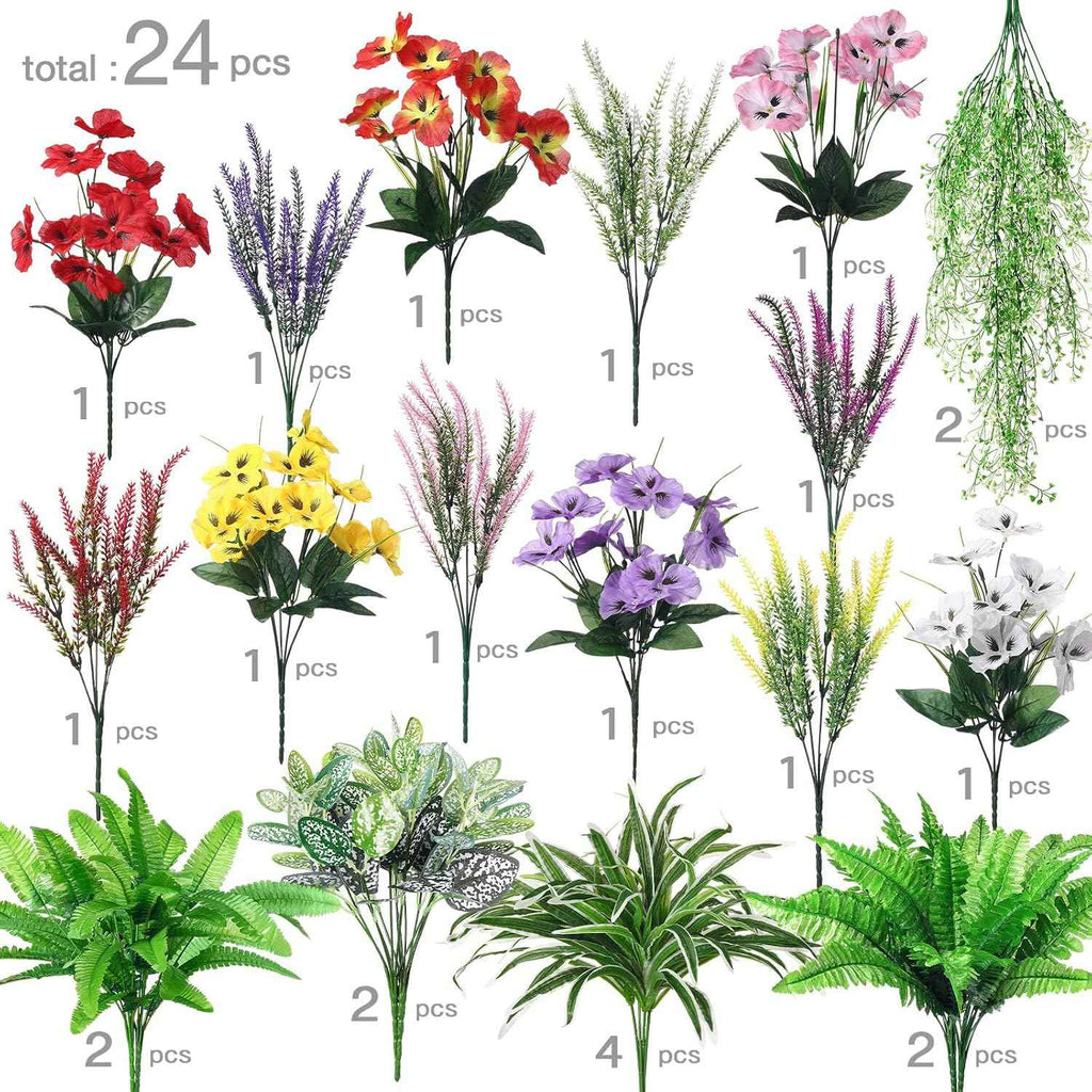 Daifunli 24 Pcs Artificial Plants for Outdoor, Fake Flowers Greenery UV Resistant Faux Plant Stems Shrubs Hanging Porch Patio Garden Window Box Home Wedding Summer Spring Decor(Mix Color)
