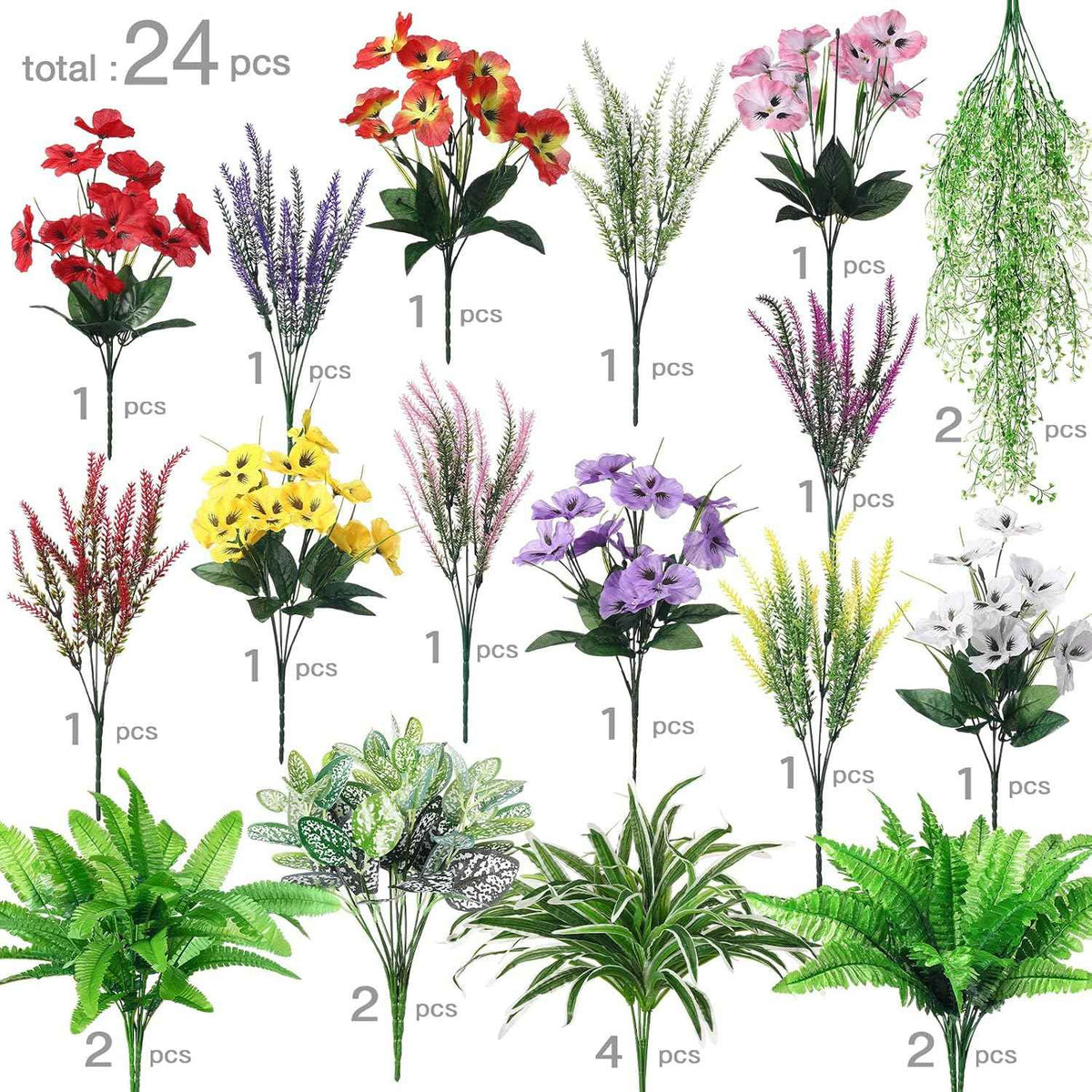 Daifunli 24 Pcs Artificial Plants for Outdoor, Fake Flowers Greenery UV Resistant Faux Plant Stems Shrubs Hanging Porch Patio Garden Window Box Home Wedding Summer Spring Decor(Mix Color)