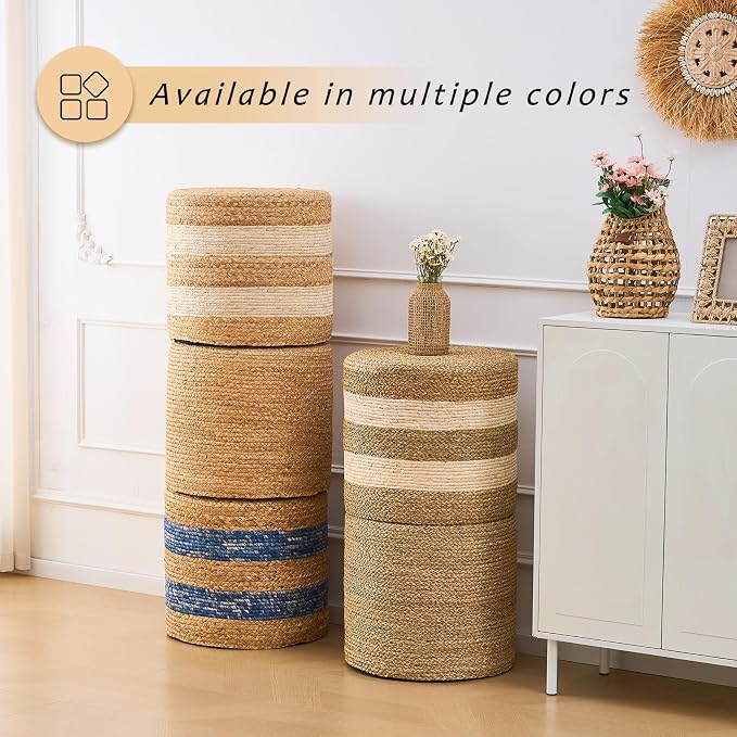 Handwoven Ottoman Pouf, Natural Water Hyacinth Footstool, Round Braided Outdoor - Image 2