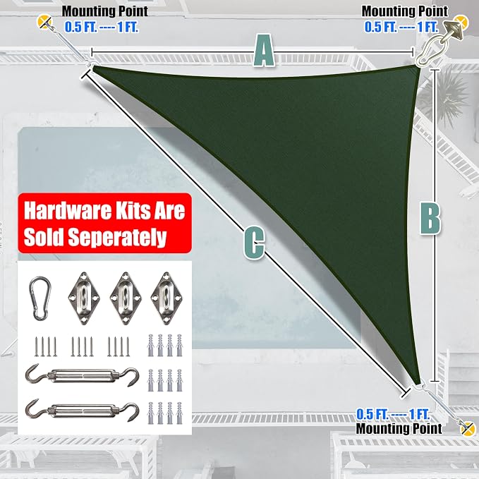 Amgo Custom Size 11' x 18' x 21.1' Green Right Triangle Sun Shade Sail UPF50+ - Image 8