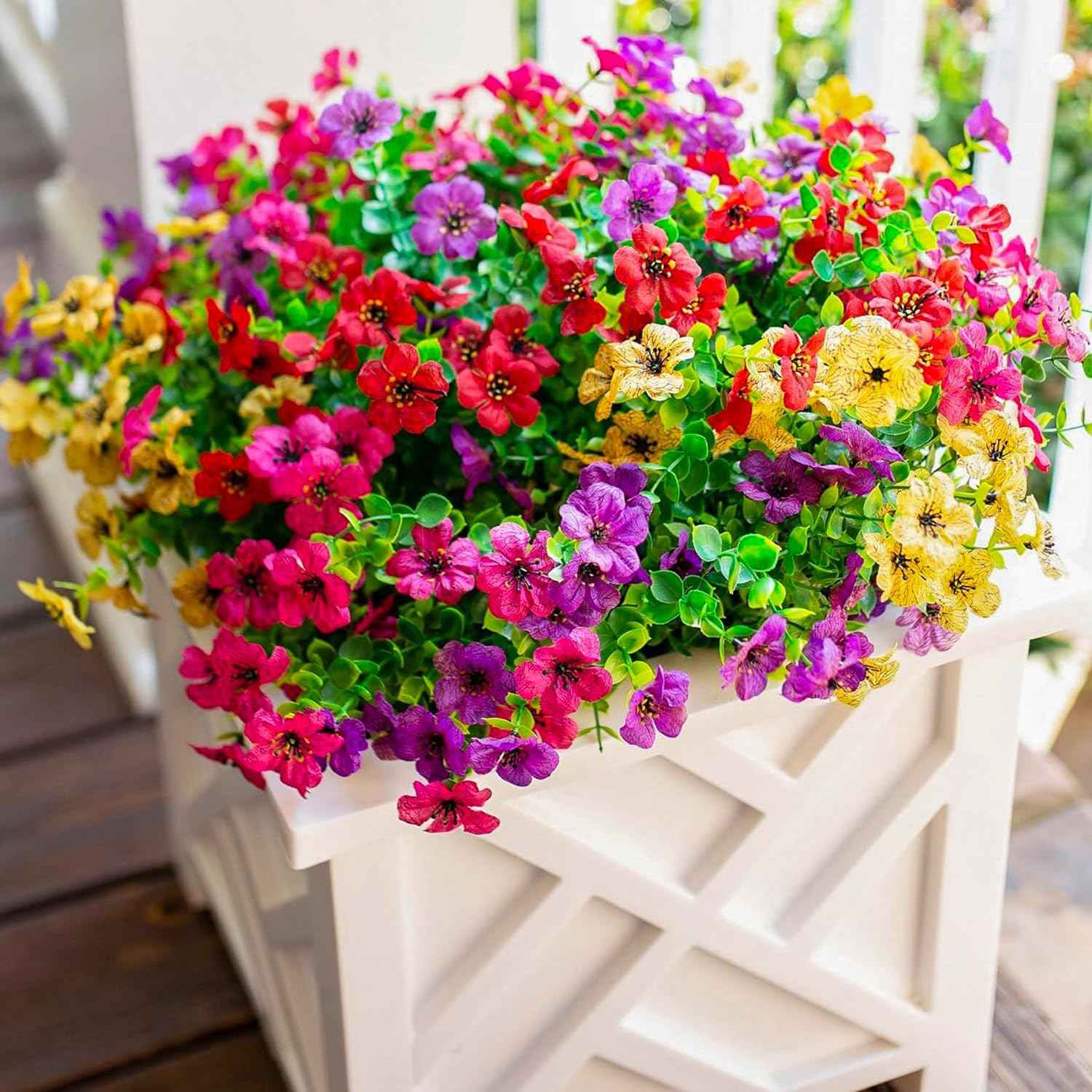 Daisy Artificial Flowers for Outdoors Decor, 12 Bundles Faux Daisy with Eucalyptus Fake Plants Greenery UV Resistant Look Real Colorful Faux Flowers for Outside Planter Porch Patio Yard Gardens, Mix