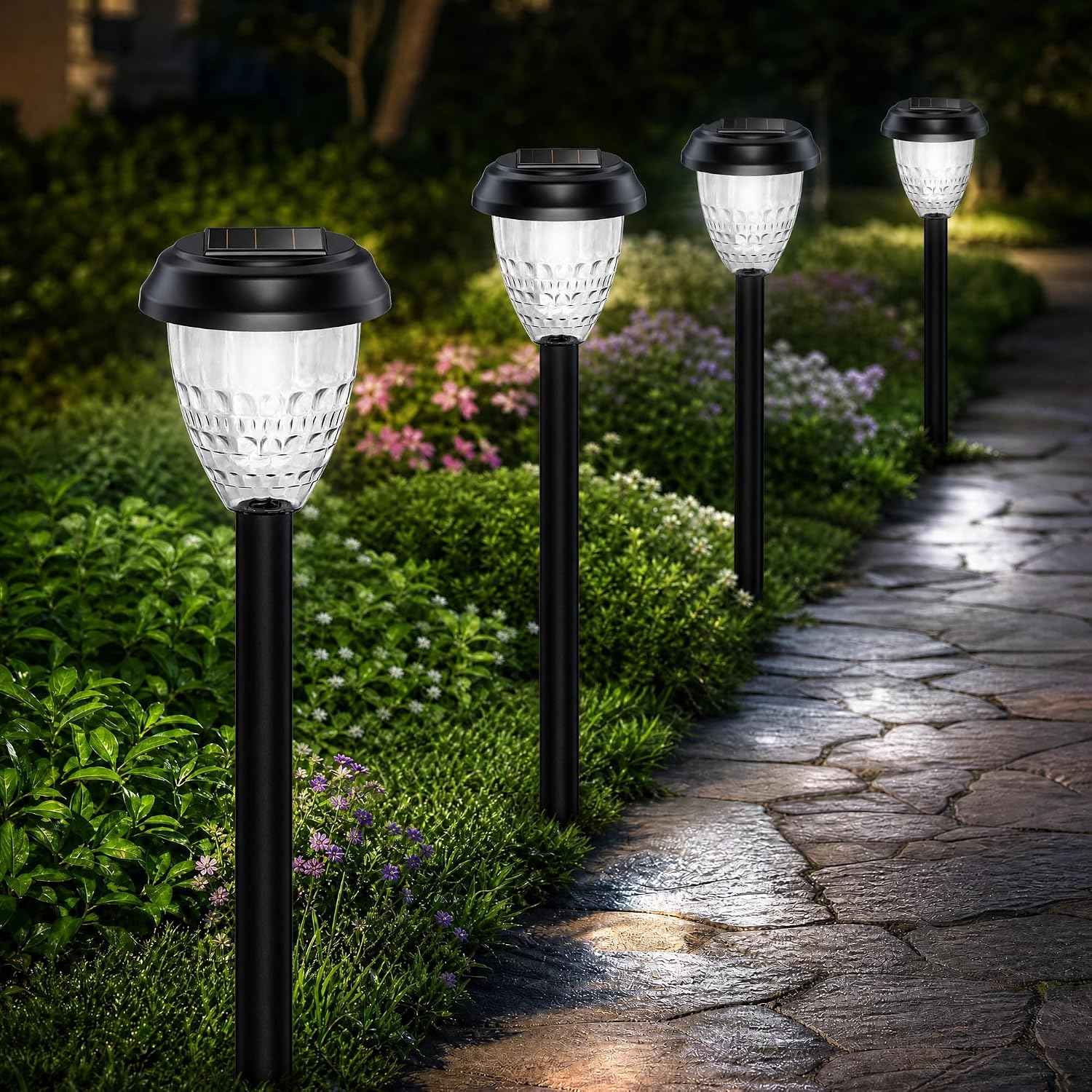 URAGO Super Bright Solar Lights Outdoor Waterproof-4 Pack, Dusk to Dawn Up to 12 Hrs Solar Garden Lights Outdoor Pathway Auto On/Off, LED Landscape Decorative Lighting for Walkway Patio Yard Outside