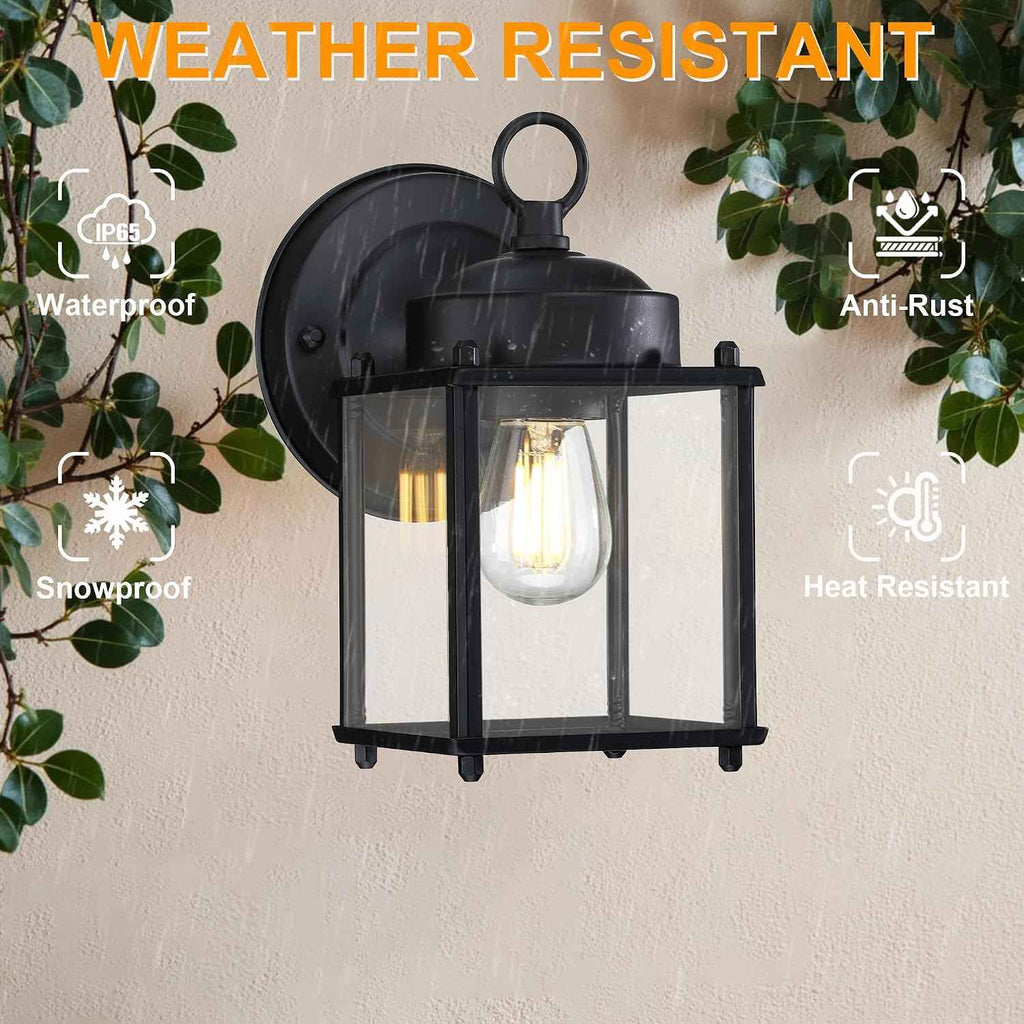 GRUENLICH Outdoor Wall Light Fixture, Clear Glass, Black, 2 Pack | Exterior Porch Light Wall Sconce Lantern for House, Patio, Garage, Anti-rust Metal, E26 Socket 60W Max