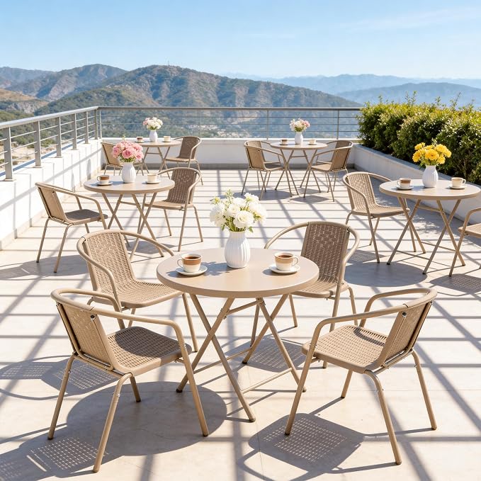 VINGLI PE Rattan Outdoor Dining Chairs Set of 4, Plastic Stackable Patio Chairs - Image 8