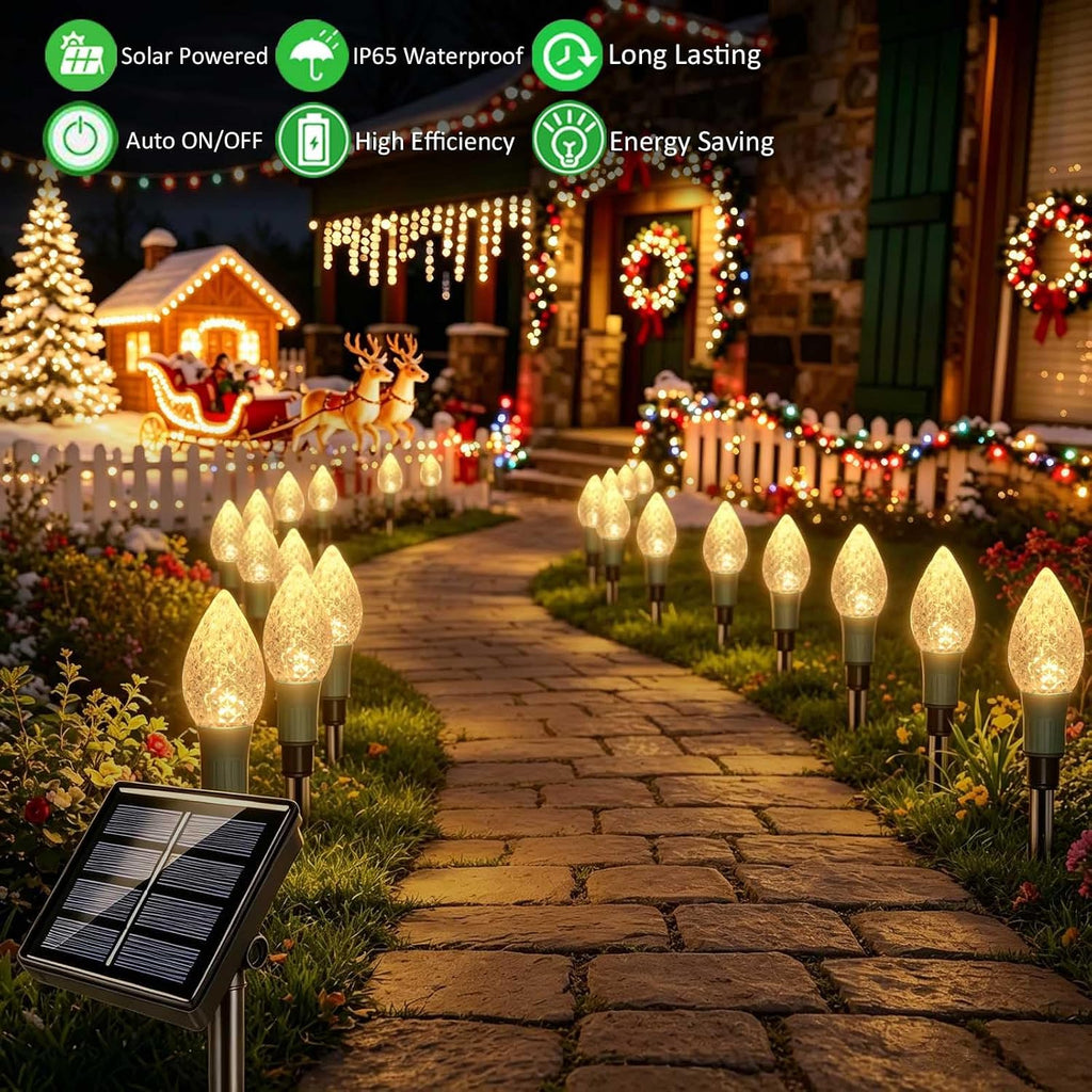 Upgraded 2 in 1 20-Pack Solar Christmas C9 Strawberry Lights Outdoor Christmas Decorations, 8 Modes Waterproof Solar Xmas Lights for Outsdie Garden Yard Front Porch Pathway Cemetery Decor