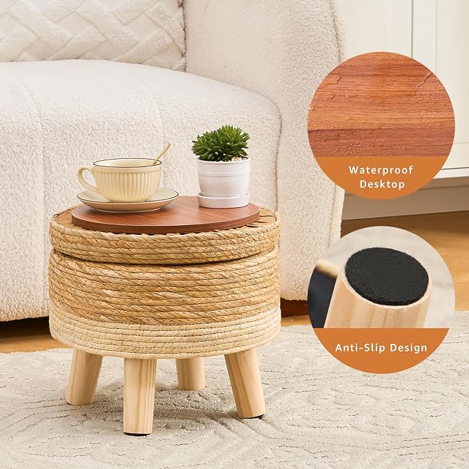 Cpintltr Storage Ottoman Poufs Handwoven Footstool Natural Seagrass Round - Image 5