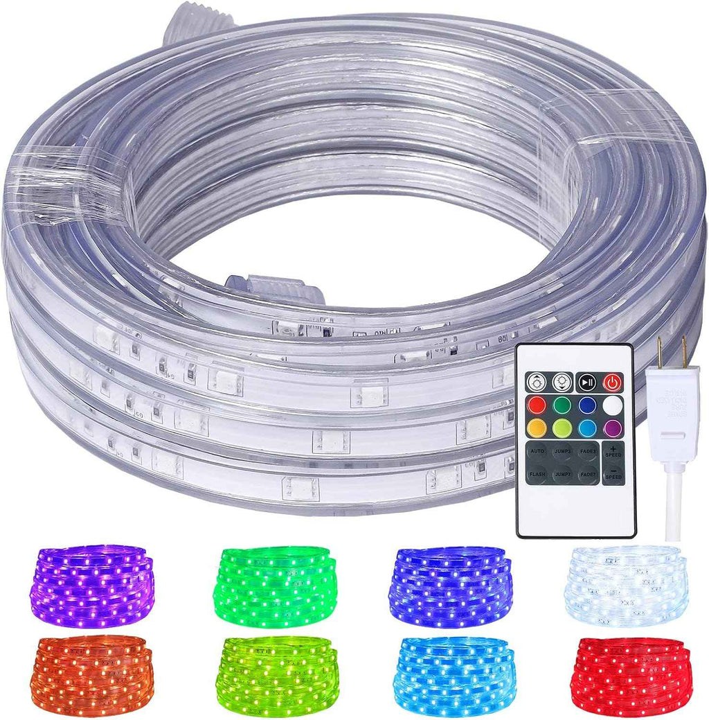 Outdoor 16.4ft RGB Rope Lights, 120V Remote IP65 Decor | 150 LEDs, 8 colors, 6 modes, IR remote, dual-fuse ETL plug; connects up to 65.6ft