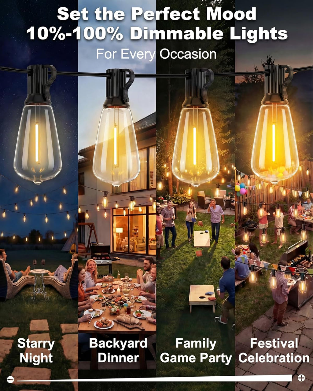 Outdoor String Lights 54FT Connectable ST38 Patio Lights Outdoor Waterproof | 15 Shatterproof Edison Bulbs Dimmable Plug-in, 2700K Warm White Hanging Light for Balcony Backyard Garden Porch Party Decor