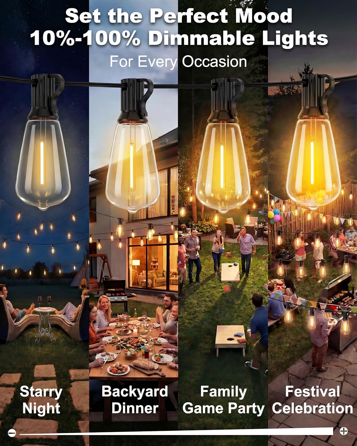 Outdoor String Lights 54FT Connectable ST38 Patio Lights Outdoor Waterproof | 15 Shatterproof Edison Bulbs Dimmable Plug-in, 2700K Warm White Hanging Light for Balcony Backyard Garden Porch Party Decor