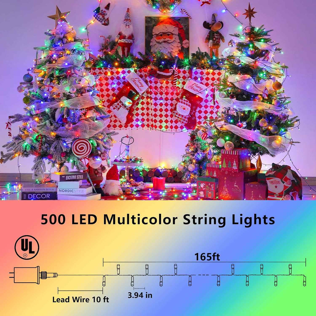 YEGUO 165ft 500 LED Multicolor String Lights Outdoor Waterproof, Green Wire Christmas Lights Indoor, 8 Modes Twinkle Tree Lights Plug in with Memory Timer for Holiday Festival Xmas