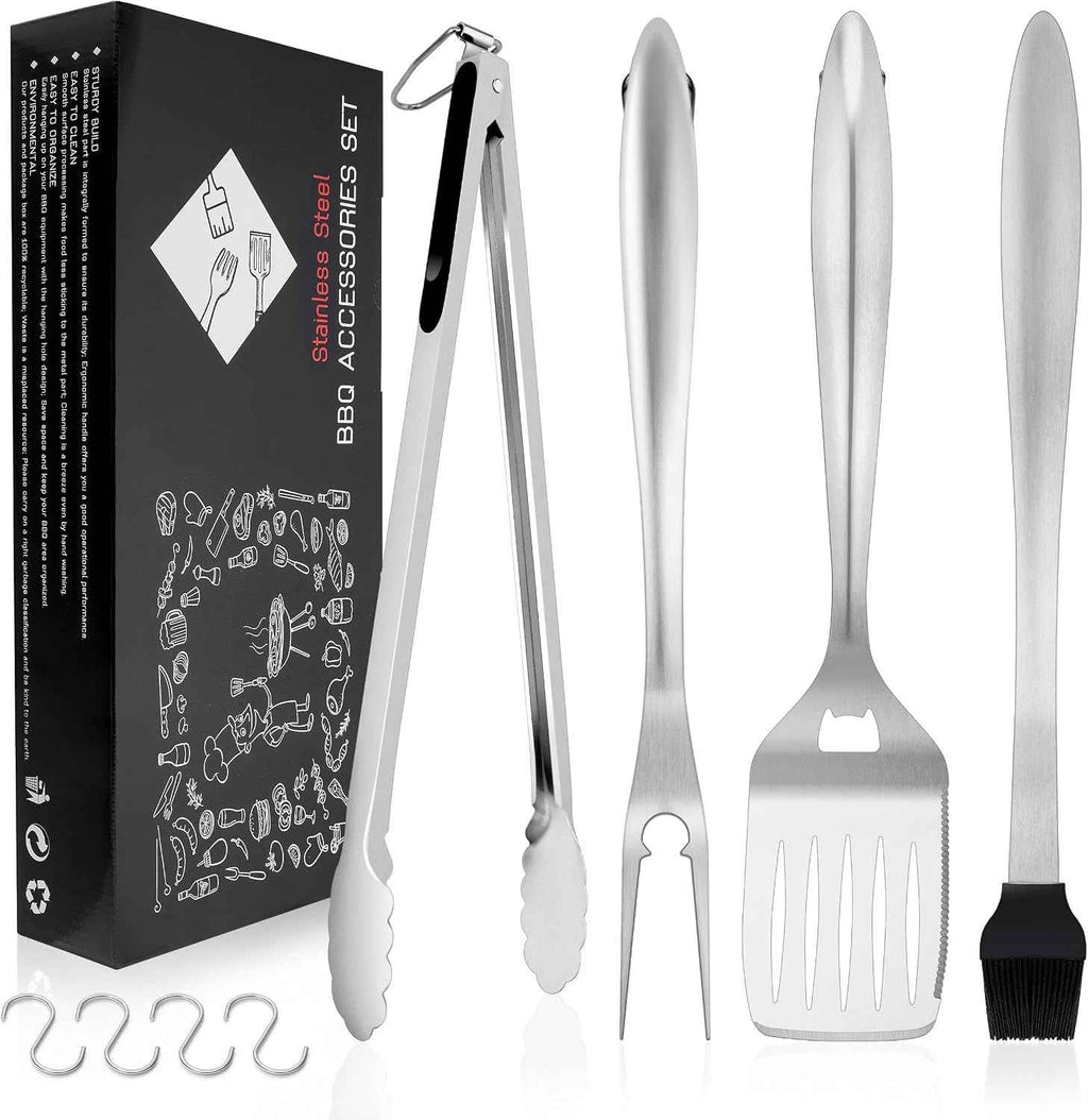 BBQ Accessories, HaSteeL 18In Grill Tools for Outdoor Grill - 4 Pack | Stainless Steel Grill Accessories for Camping, Heavy-Duty Grill Spatula, Tong, Fork, Brush, Campfire Cooking Utensils for Men