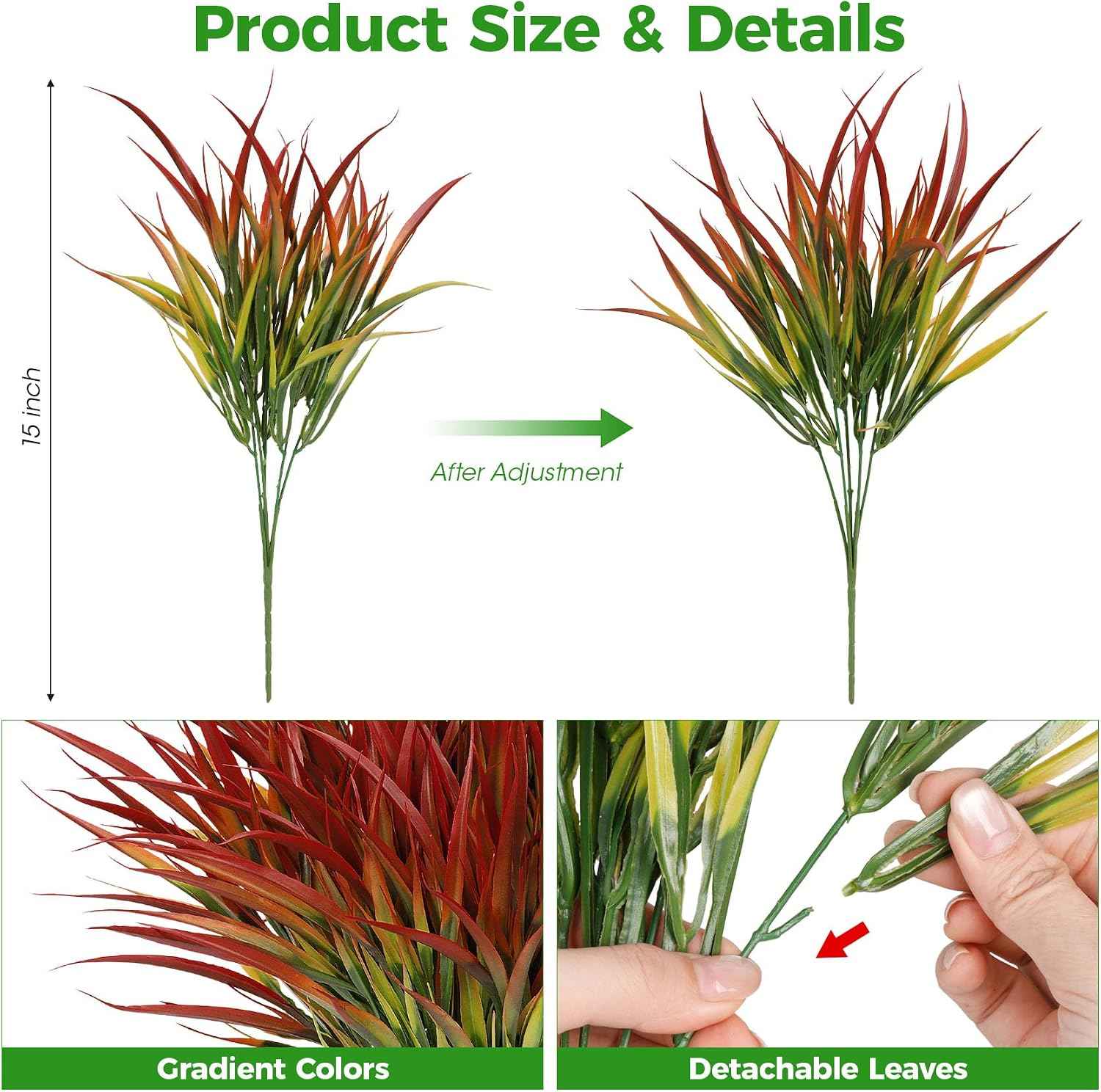 16 Pcs Artificial Plants Outdoor Fake Grass, Red | Plastic grass, faux greenery stems, UV resistant, adjustable stems, indoor outdoor planters patio garden porch pathway