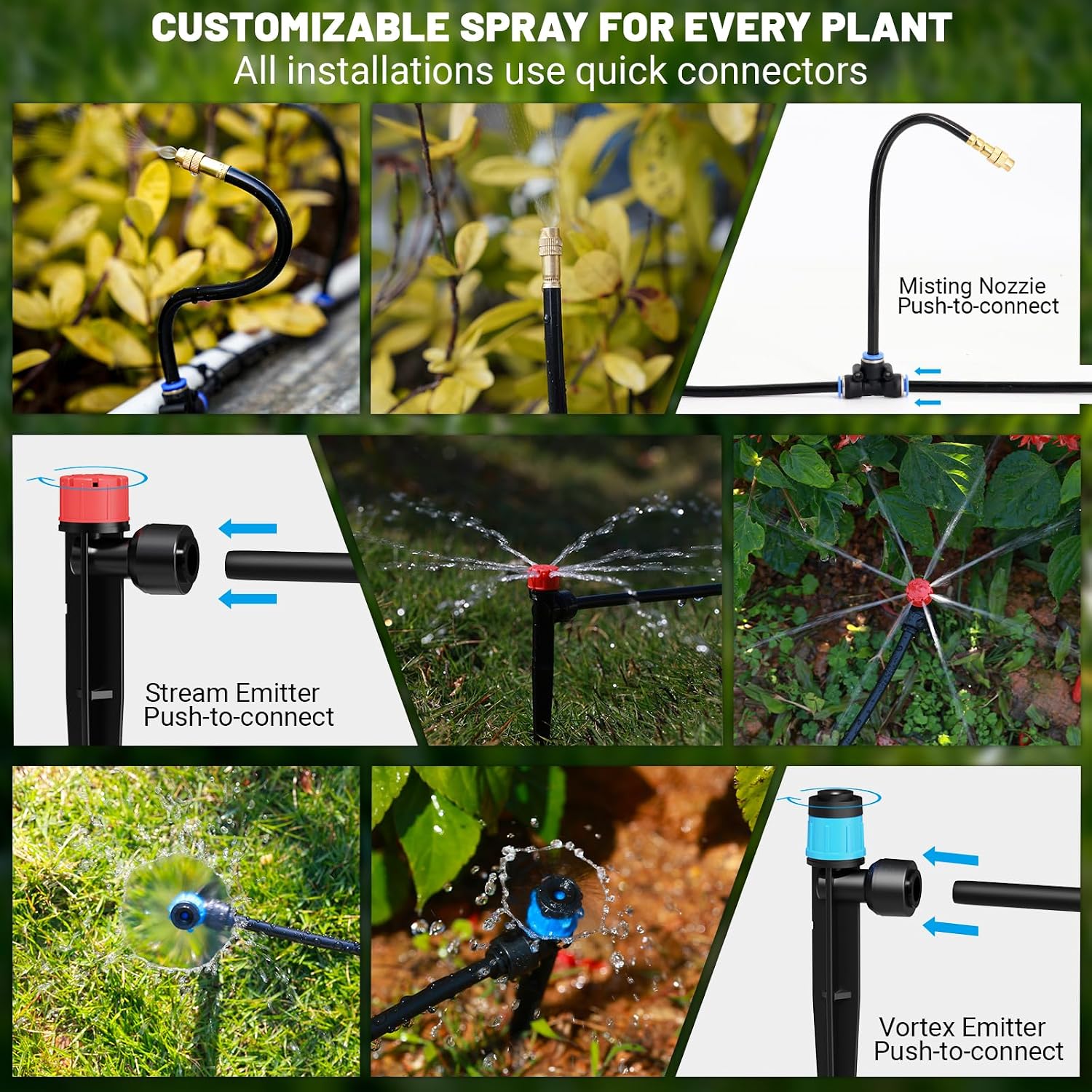 100FT Drip Irrigation Kit with 30 Emitters, 3 Spray Types, Push-Fit System | Quick-connect Fittings, Save water, Leak-free, Automatic Plant Watering Sprinkler System for Greenhouse, Potted, Raised Bed