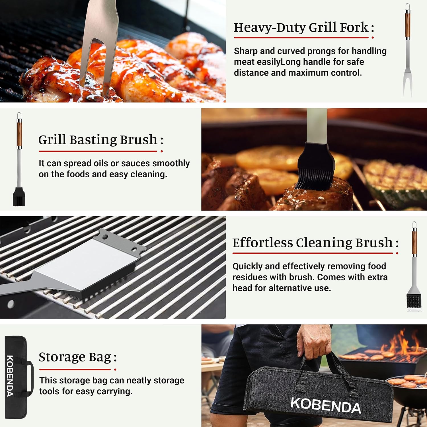 BBQ Grill Accessories, Stainless Steel Grilling Set with Storage Bag, Spatula, Fork, Cleaning Brush BBQ Accessories, Grill Tools Set for Outdoor Cooking Camping, Grilling Gifts for Men