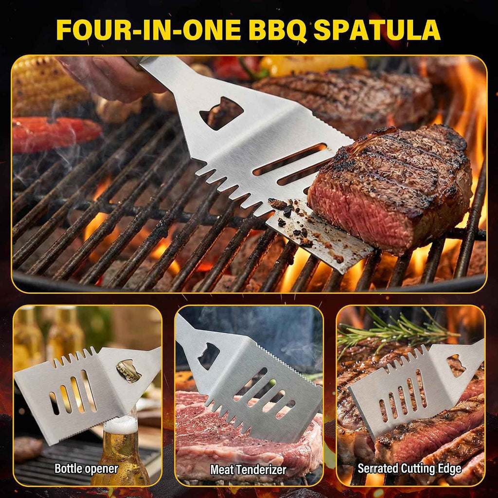 Grill Set, Grill Tools for Outdoor Grill Utensils Set BBQ Accessories | Grilling Tools Set, Spatula, Fork, Brush, Tongs & Cleaning Brush, Gifts for Men Dad Him (Wood)