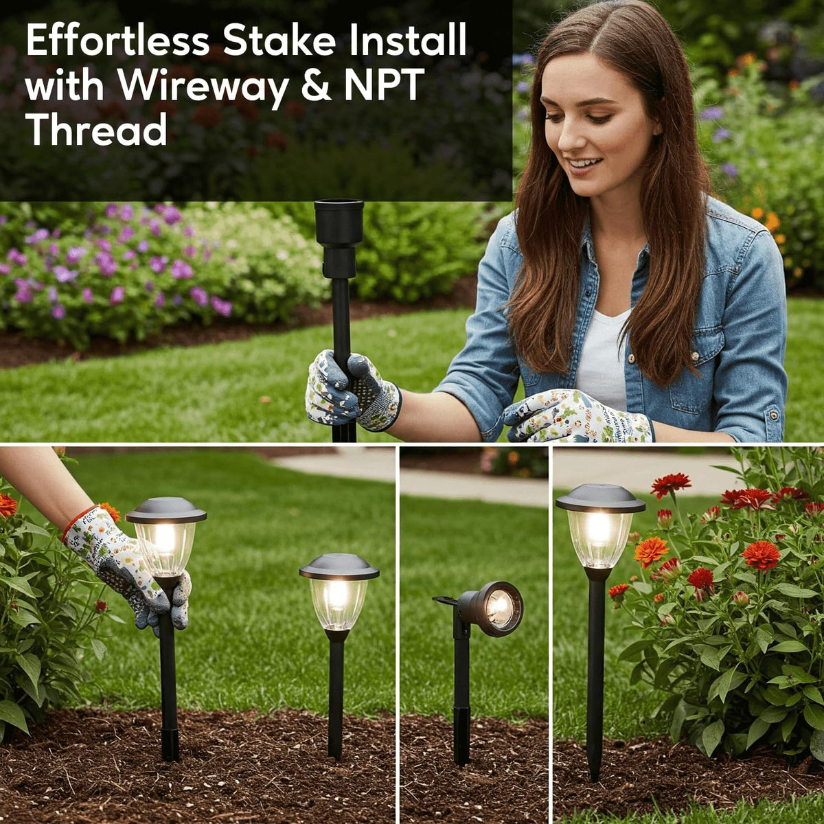 8" Outdoor Light Stake in Black Finish - Support Light Fixture Spikes, Universal Use, Resin Materials, Side Wireway (2 - Large Spike with Brass Wireway)
