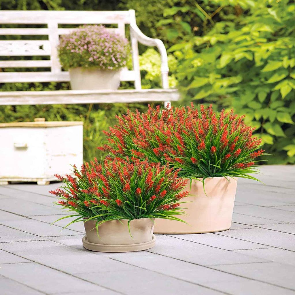 obbsie 12 Bundles Artificial Plants Outdoor, 18.2" UV Resistant Faux Monkey Grass Greenery Stems No Fade Faux Plastic Flowers Shrubs for Home Weddings Garden Porch Front Patio Office Decor - Red