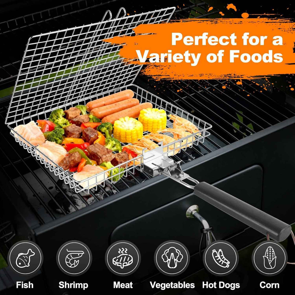 Fish Grill Basket for Outdoor Grill, Grilling Basket With Removable Handle, Portable BBQ Set Barbecue Rack for Shrimp Pork Veggies, Camping Grilling Accessories With Brush, Metal Skewers and Carry Bag