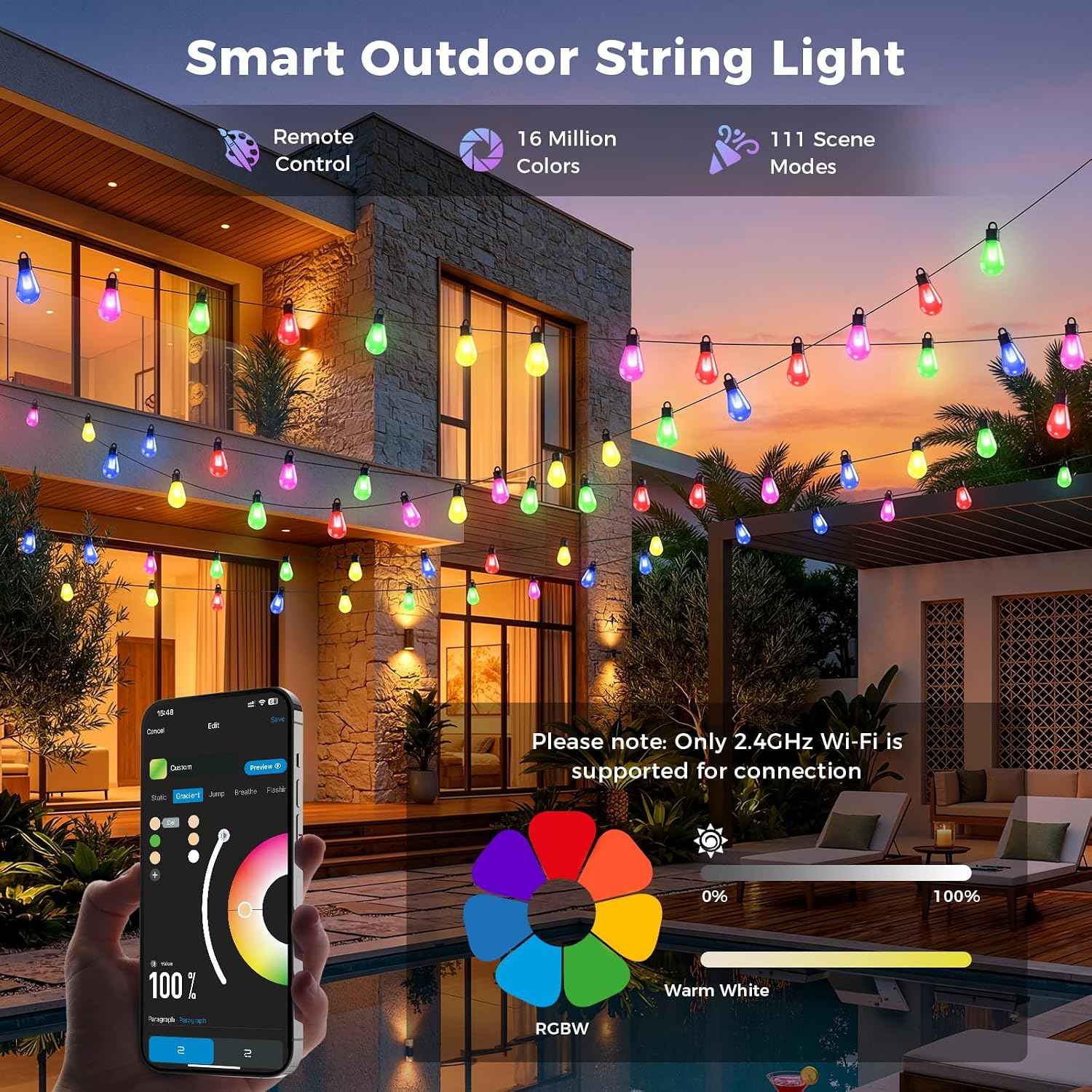 CDN Outdoor String Lights, 80FT Smart RGBW Patio Lights for Backyard | IP65 Waterproof, App, Alexa & Google Control, 111 Modes, Music Sync and Dimmable Warm White for Date Nights BBQs and Parties