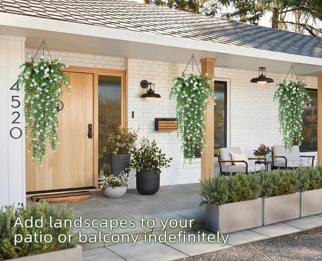 RECUTMS Artificial Hanging Plants Fake Hanging Vines Outdoor Faux Draping | Faux Eucalyptus Leaf Greenery Vine Outdoor UV Resistant Plastic White Flowers Home Garden Wedding Party Indoor Decoration,3Pc