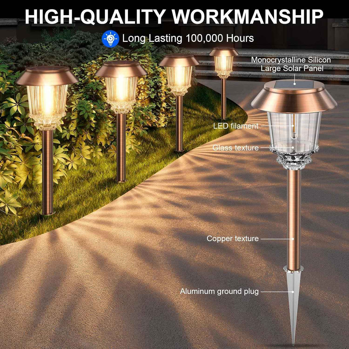 XMCOSY+ Solar Pathway Lights Outdoor, 6 Pack Solar Light Outdoor Waterproof | Stainless Steel & Aluminum 10-40LM Dimmable Warm White for 12H, IP65 Solar Powered Auto On/Off Outdoor Light for Yard Garden
