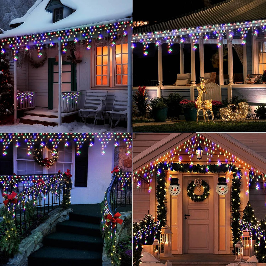 Christmas Lights Outdoor Decorations 218 LED 13.8ft Curtain Fairy Lights with 11 Drops, LED String Light Decor with 8 Modes for Party Holiday Christmas Home Indoor Outdoor Decor Star Multicolor