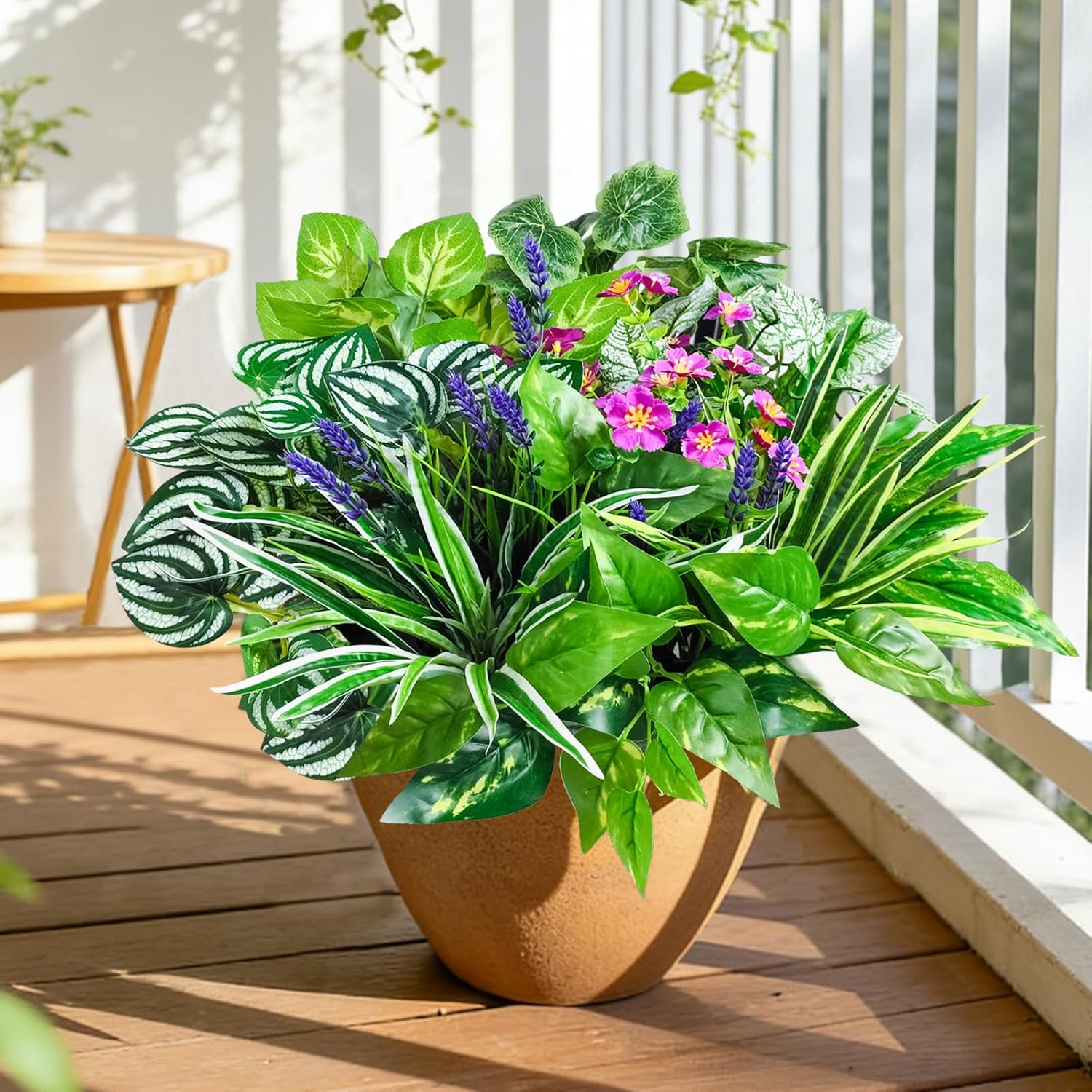 12 Pcs Artificial Plants for Outdoors Faux Greenery Leaves UV Resistant Realistic Plastic Large Bunches Shrubs Bushes with Flowers, Fake Plants Decor Outdoor for Front Porch Door Patio Garden Yard