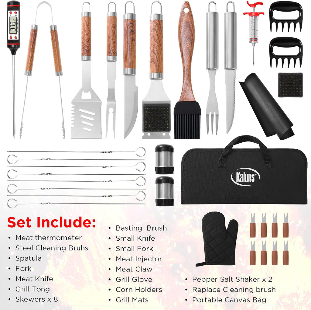Kaluns 35PC BBQ Grill Tools Set – Heavy Duty Stainless Steel Grill Accessories Kit with Case, Meat Thermometer, Injector, Claws & Mats for Dad, Men