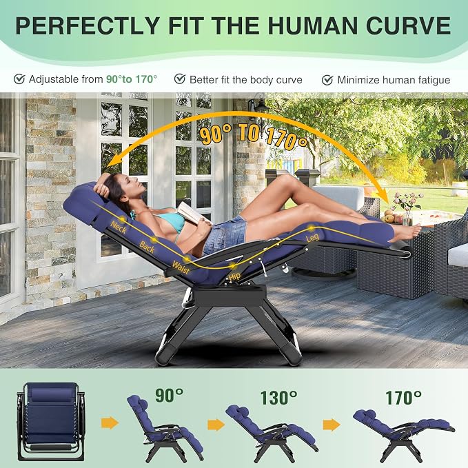 Suteck Oversized Zero Gravity Chair, 29In XL Outdoor Recliner Chair w/Removable - Image 4
