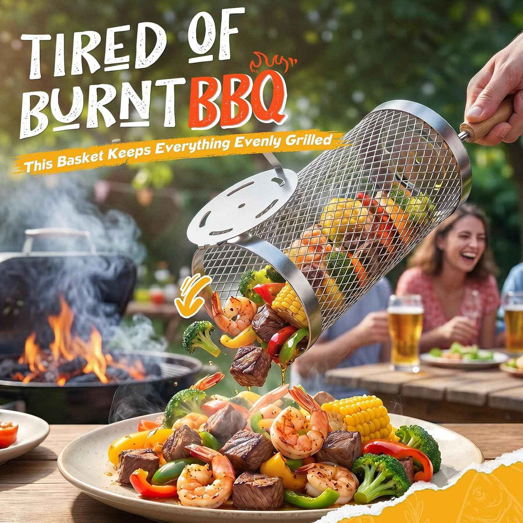 Rolling Grill Basket, Grilling Accessories 2 Pack, Gifts for Men | 304 Stainless Steel, Removable Wooden Handle, BBQ Grill for Vegetable, Outdoor Cooking, Birthday Gifts for Men Dad Husband