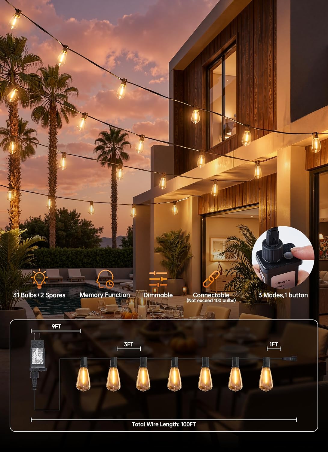 Minetom 100FT Outdoor String Lights with Remote, ST38 Patio Lights Dimmable | Waterproof LED Christmas Lights with 3 Modes, Shatterproof Connectable Outside Lights for Backyard Porch Deck Garden Decor