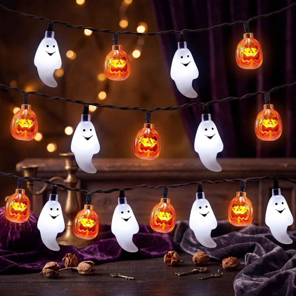 JOYIN Halloween String Lights Decorations, 19.7FT 30 LED Battery Operated Ghost Pumpkin 3D String Light with 8 Lighting Modes for Home Indoor Outdoor Halloween Party Decor(Orange/White Color)