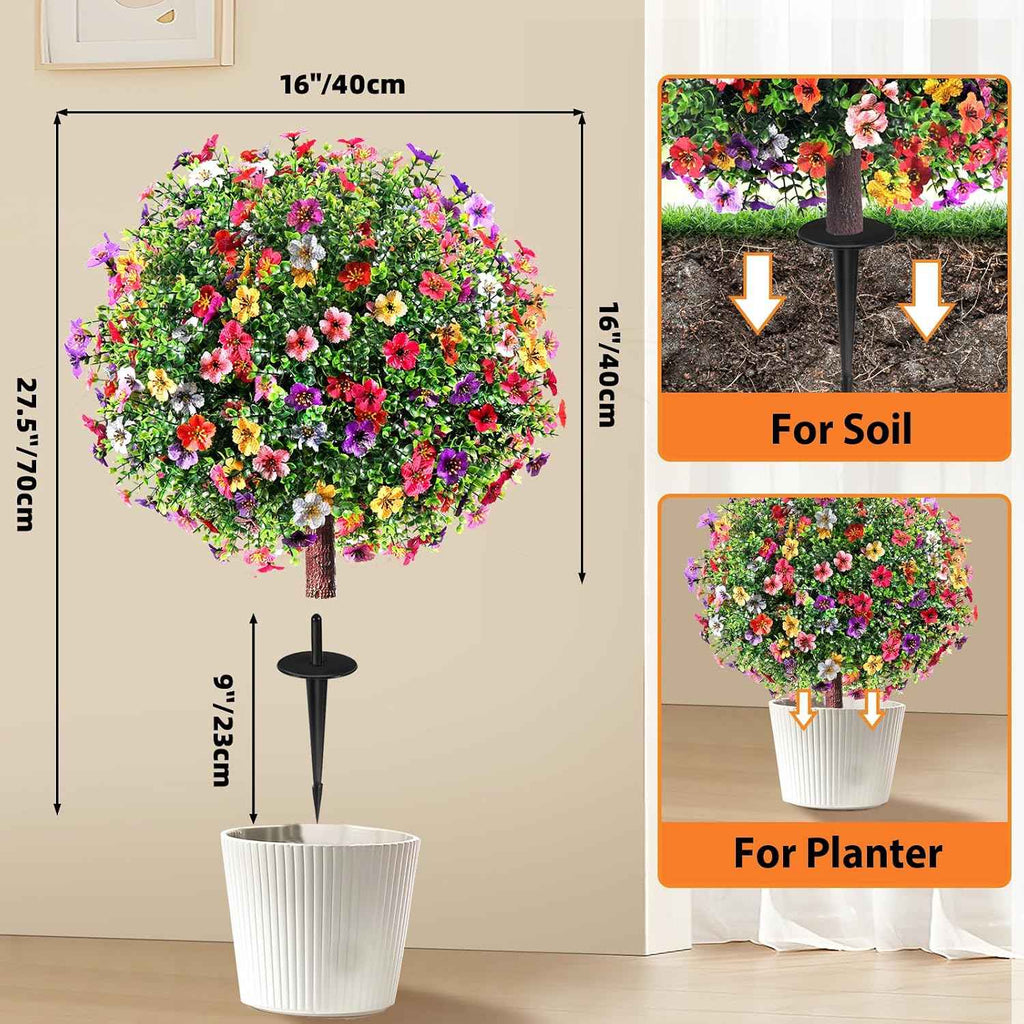 27.5" Artificial Flowers Boxwood Topiary Ball Tree Set of 2, UV Resistant Fake Bushes Shrubs with Ground Spike, Faux Evergreen Tree for Front Porch Outdoor Garden Decor
