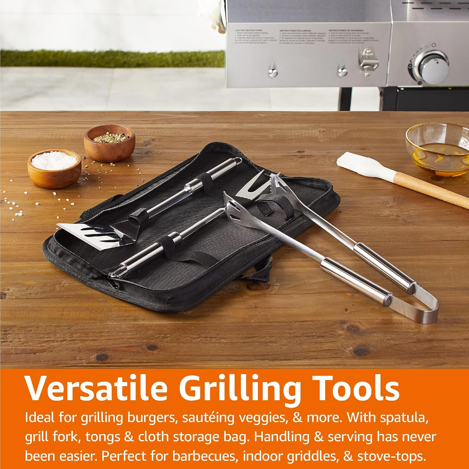 Amazon Basics 4-Piece Stainless Steel BBQ Grilling Tool Set with Carry Bag, Rust-Resistant, Dishwasher Safe