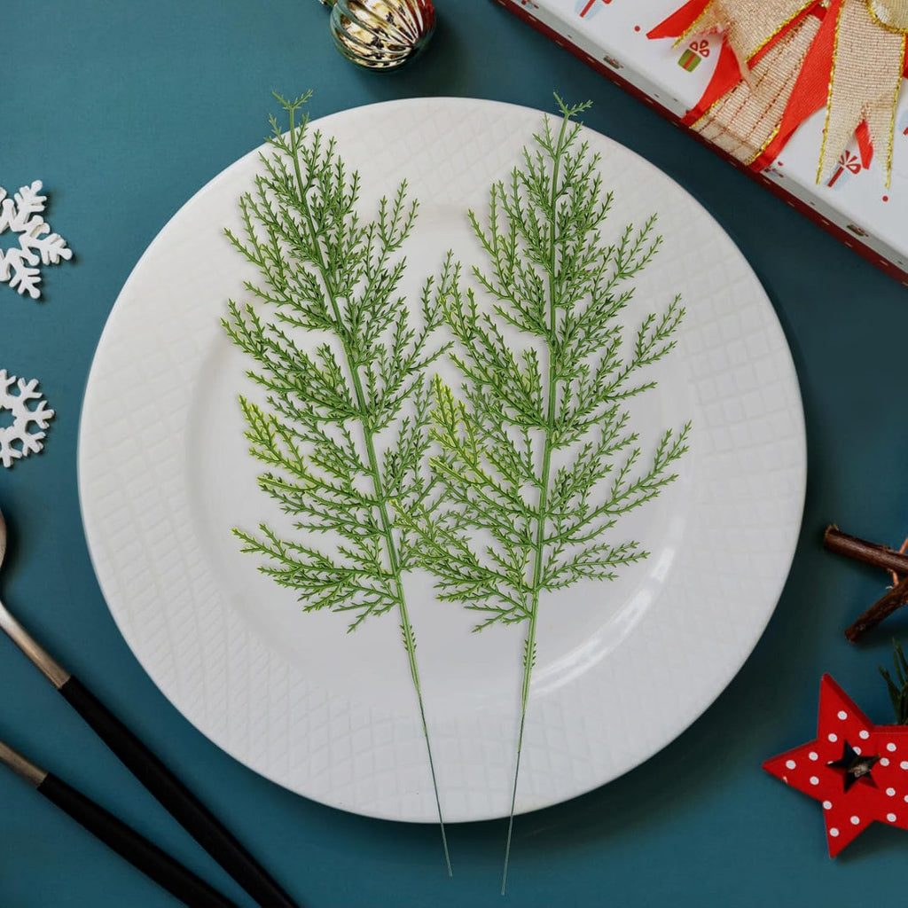 Hananona 40 Pcs Artificial Cedar Picks Faux Cedar Branches Fake Cypress Stems Plastic Pine Greenery Christmas Picks and Sprays DIY Accessories for Crafts Wreath Holiday Home Decor (40, Green)